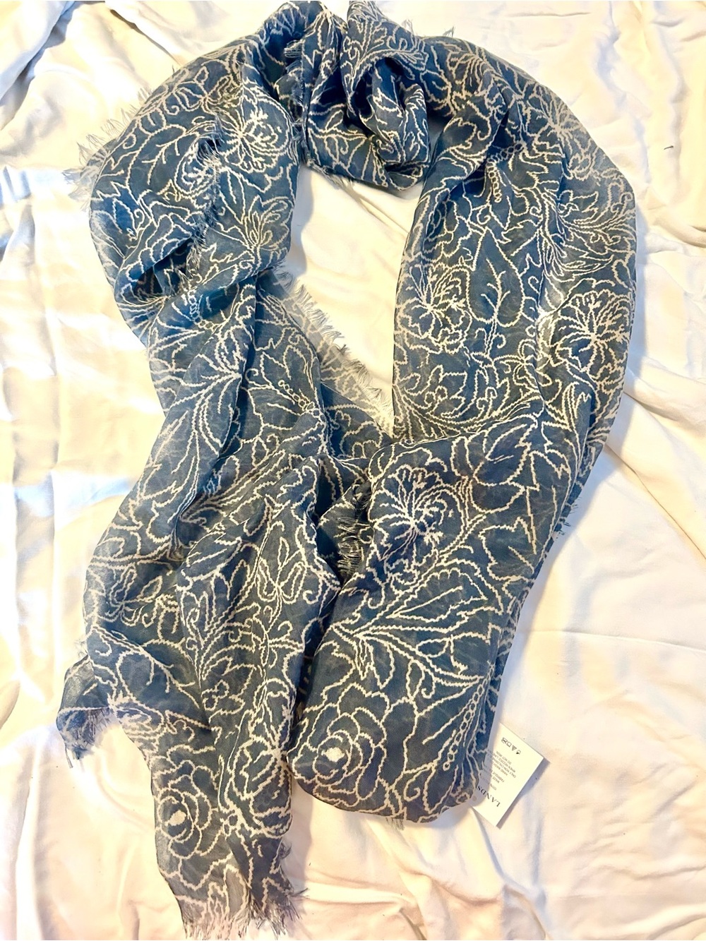 Lands’ End Floral Knit Scarf Blue Cream Fringe Soft Oversized Wrap NWT